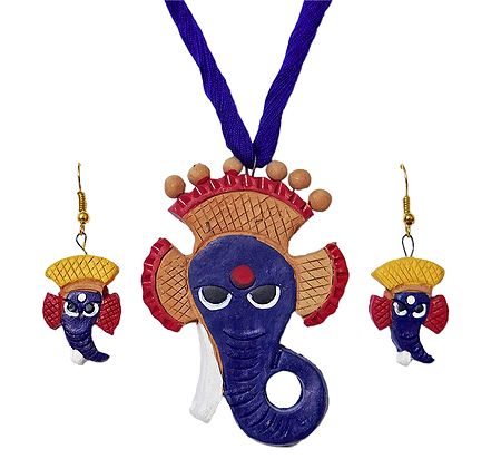 Terracotta Ganesha Pendant and Earrings