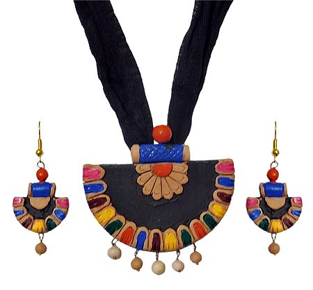 Terracotta Multicolor Fan Pendant and Earrings