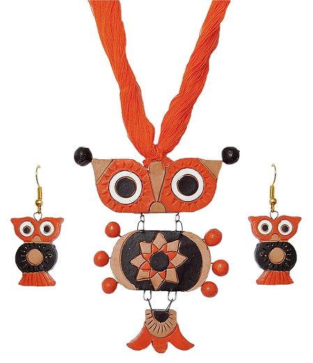 Terracotta Owl Pendant and Earrings