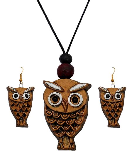 Terracotta Necklace with Owl Pendant and Earrings