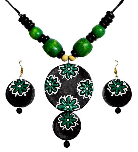 Wooden Bead Necklace with Hand Painted Green Flower on Black Terracotta Pendant and Earrings