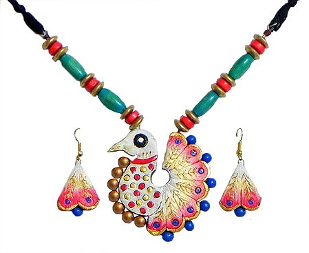 Wooden Bead Necklace with Hand Painted Peacock Terracotta Pendant and Earrings