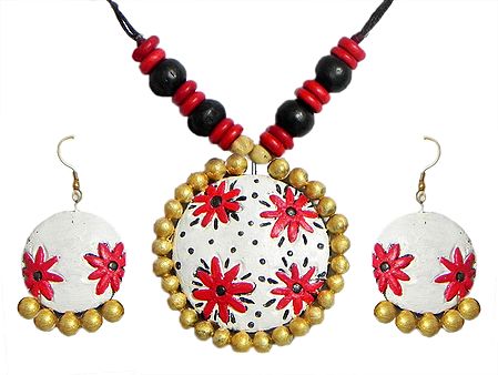 Wooden Bead Necklace with Hand Painted Red Flower on White Terracotta Pendant and Earrings