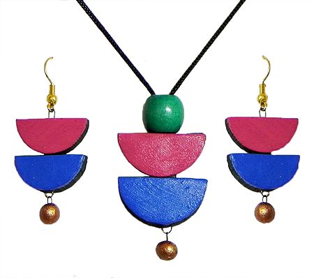 Black Cord Necklace with Hand Painted Terracotta Pendant and Earrings