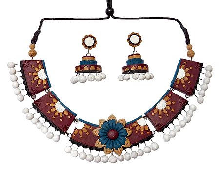 Hand Painted Maroon with White Terracotta Necklace and Earrings