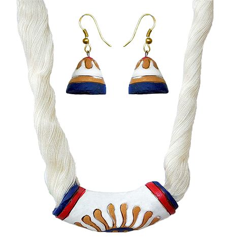 Hand Painted White Terracotta Necklace and Earrings