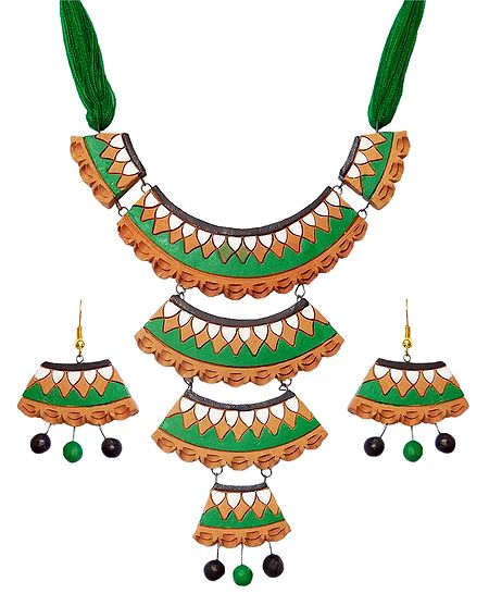 Hand Painted Terracotta Designer Necklace and Earrings