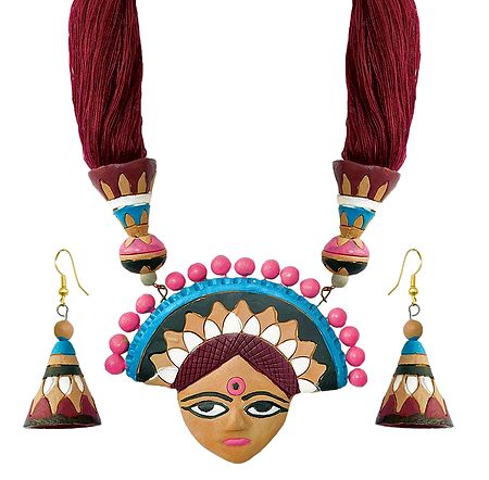Maroon Thread Necklace with Terracotta Mask Pendant and Earrings