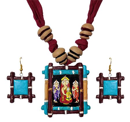 Maroon Cloth Necklace with Jamini Roy Painting Terracotta Pendant and Earrings