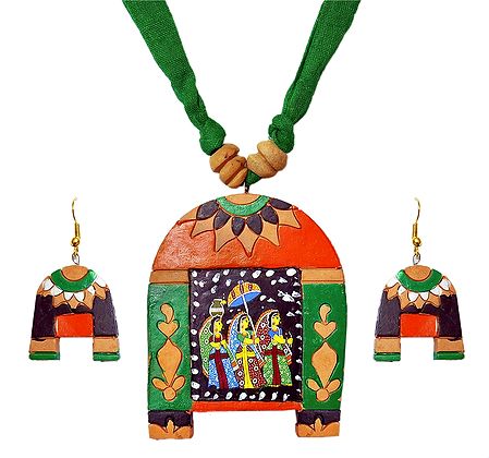 Green Cloth Necklace with Madhubani Painting Terracotta Pendant and Earrings