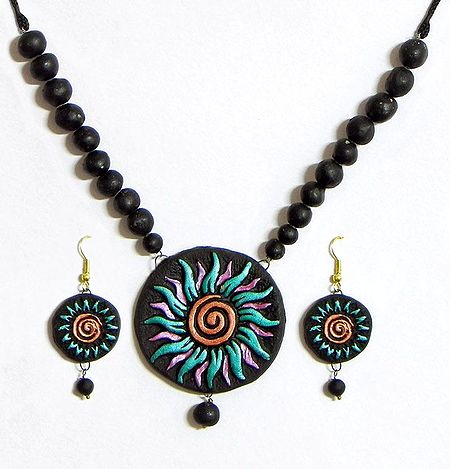 Hand Painted on Black Terracotta Bead Necklace with Round Sun Pendant and Earrings