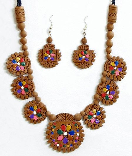 Hand Painted on Light Brown Terracotta Necklace Set