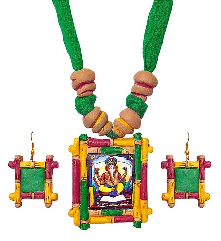 Terracotta Ganesha Pendant and Earrings