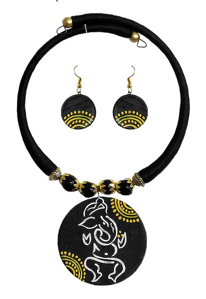 Black Thread Spring Necklace with Terracotta Ganesha Pendant and Earrings