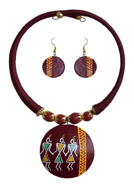 Maroon Thread Spring Necklace with Terracotta Pendant and Earrings