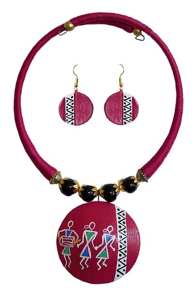 Pink Thread Spring Necklace with Terracotta Pendant and Earrings
