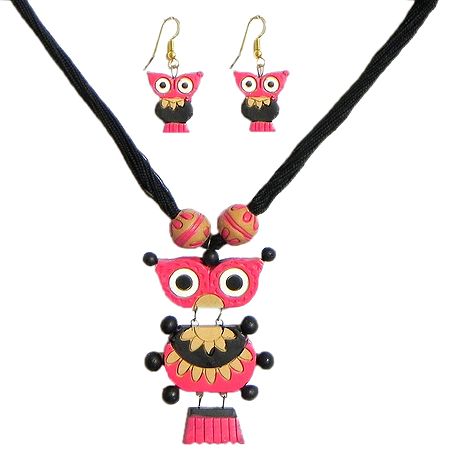 Hand Painted Black with Rose Pink Terracotta Owl Pendant and Earrings