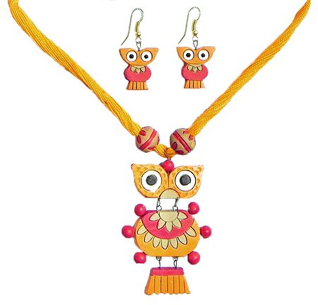 Hand Painted Orange with Red Terracotta Owl Pendant and Earrings