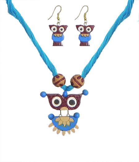 Cyan Blue Thread Necklace with Hand Painted Blue with Maroon Terracotta Owl Pendant and Earrings