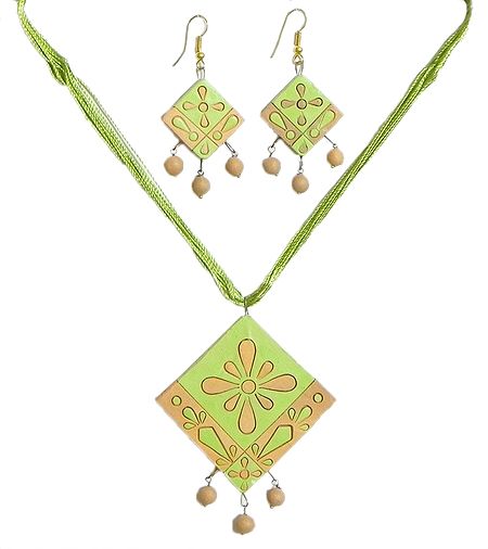 Green Thread Necklace with Hand Painted green with Beige Terracotta Pendant and Earrings
