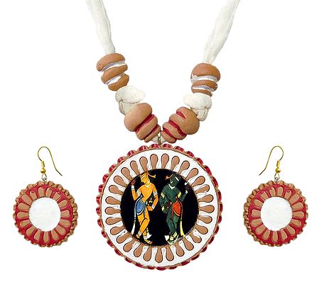 Hand Painted Krishna Balaram Terracotta Pendant and Earrings