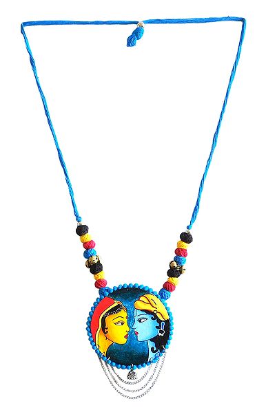 Adjustable Necklace with Hand Painted Cardboard Radha Krishna Pendant