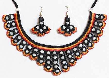 Black, Red and Yellow Macrame Necklace and Earrings with White Beads