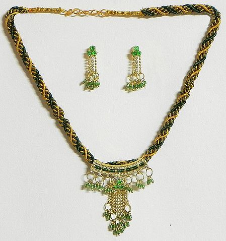 Green and Yellow Twisted Cord Necklace with Stone Studded Pendant and Earrings