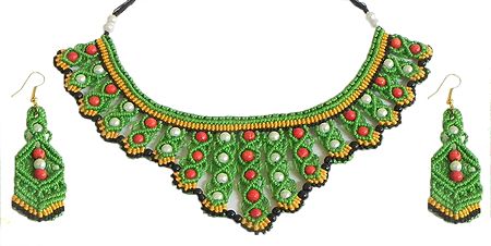 Green with Black and Yellow Macrame Thread Necklace and Earrings with Red and White Beads