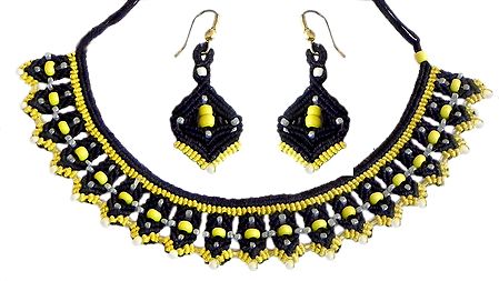 Black and Yellow Macrame Thread Necklace and Earrings with Yellow and White Beads