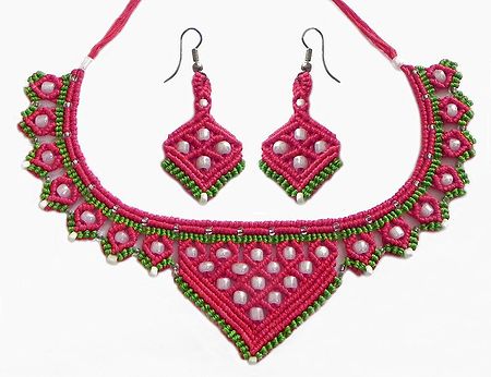 Red and Green Macrame Thread Necklace and Earrings with White Beads
