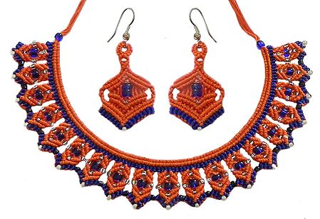Saffron and Blue Macrame Thread Necklace and Earrings with White and Blue Beads
