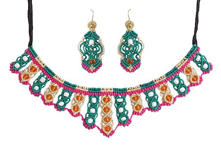 Cyan with Beige Macrame Thread Necklace and Earrings with Saffron and White Beads