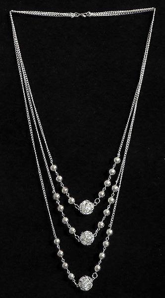 Three Layer White Metal Chain with Metal Bead Necklace