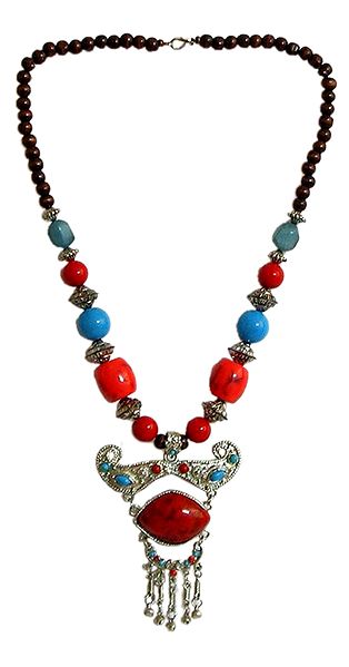 Red and Blue Bead Necklace with Designer Pendant