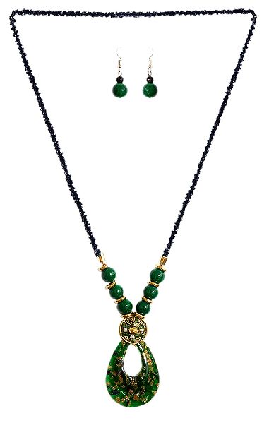 Black with Green Beaded Tibetan Necklace and Earrings