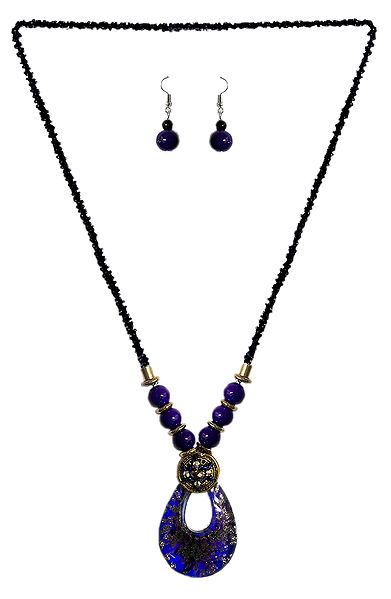 Black with Purple Beaded Tibetan Necklace and Earrings