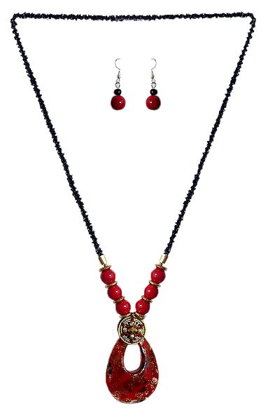 Black with Red Beaded Tibetan Necklace and Earrings