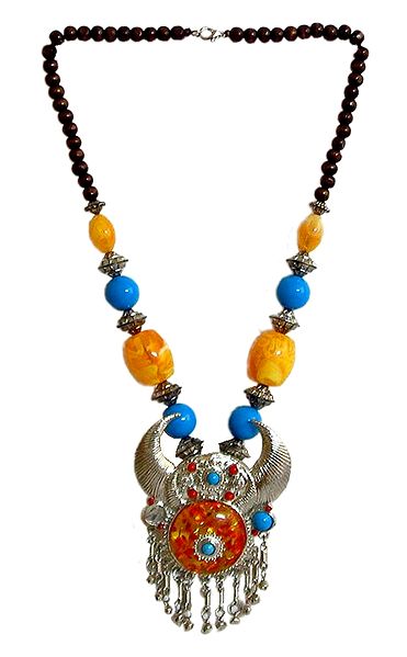 Yellow and Blue Bead Necklace with Metal Horn Pendant