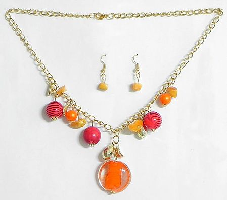 Red and Saffron Stone Bead Tibetan Necklace Set