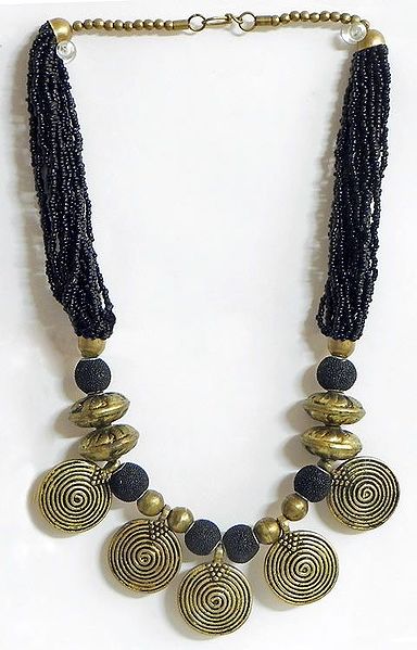 Black Beaded Bunch with Brass Bead Tibetan Necklace with Brass Disc