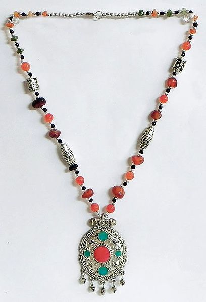 Faux Carnelian with Silver and Black Color Bead Tibetan Necklace with White Metal Pendant