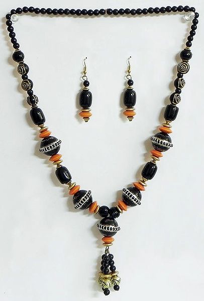 Black and Saffron Bead Tibetan Necklace and Earrings