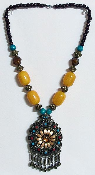Yellow and Cyan Stone Bead Necklace and Round Metal Pendant with Jhalar
