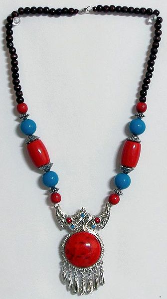 Red and Cyan Stone Bead Necklace and Round Red Pendant with Metal Horns
