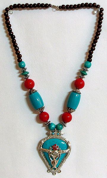 Red and Cyan Bead Necklace and Cyan Pendant with Bison Face