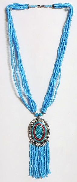 Light Blue Bead Necklace with Metal Pendant