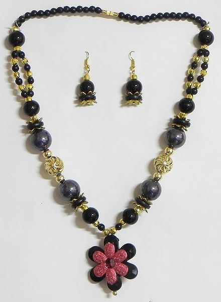 Black and Golden Bead Tibetan Necklace with Flower Pendant