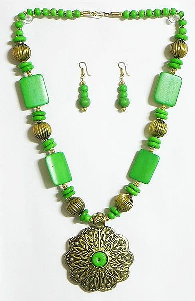 Green Tibetan Necklace with Brass Pendant
