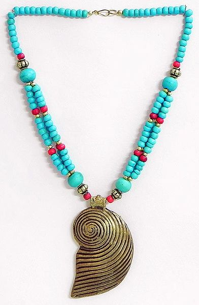 Cyan Stone Bead Tibetan Necklace with Brass Shell Design Pendant